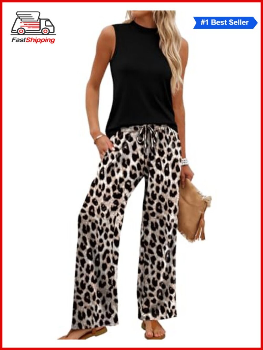 ✨ WIHOLL Two Piece Set Mock Neck Sleeveless Crop Top Wide Leg Pants Travel